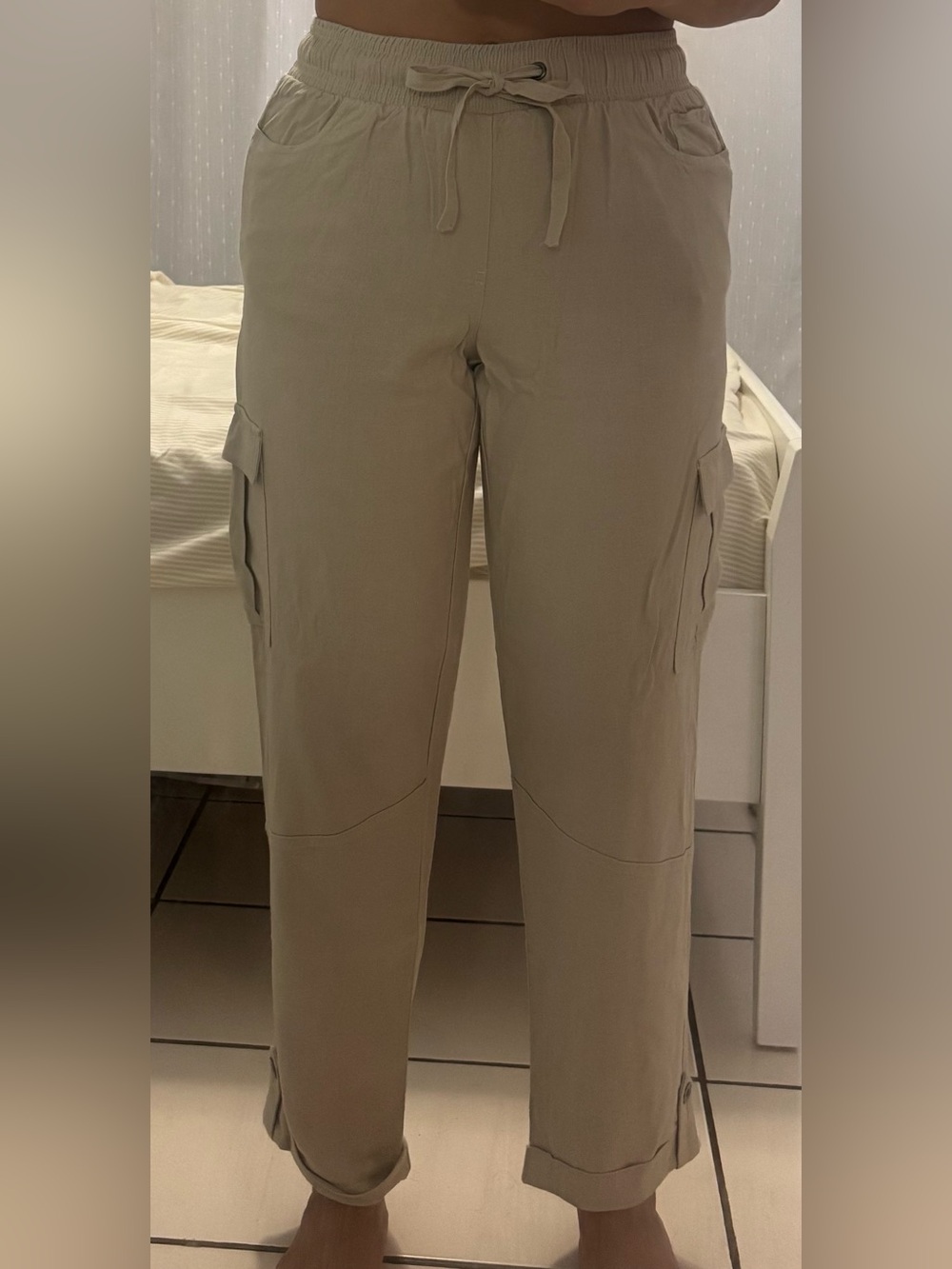Happily Grey Beige Cargo Pants Drawstring Waist Size S